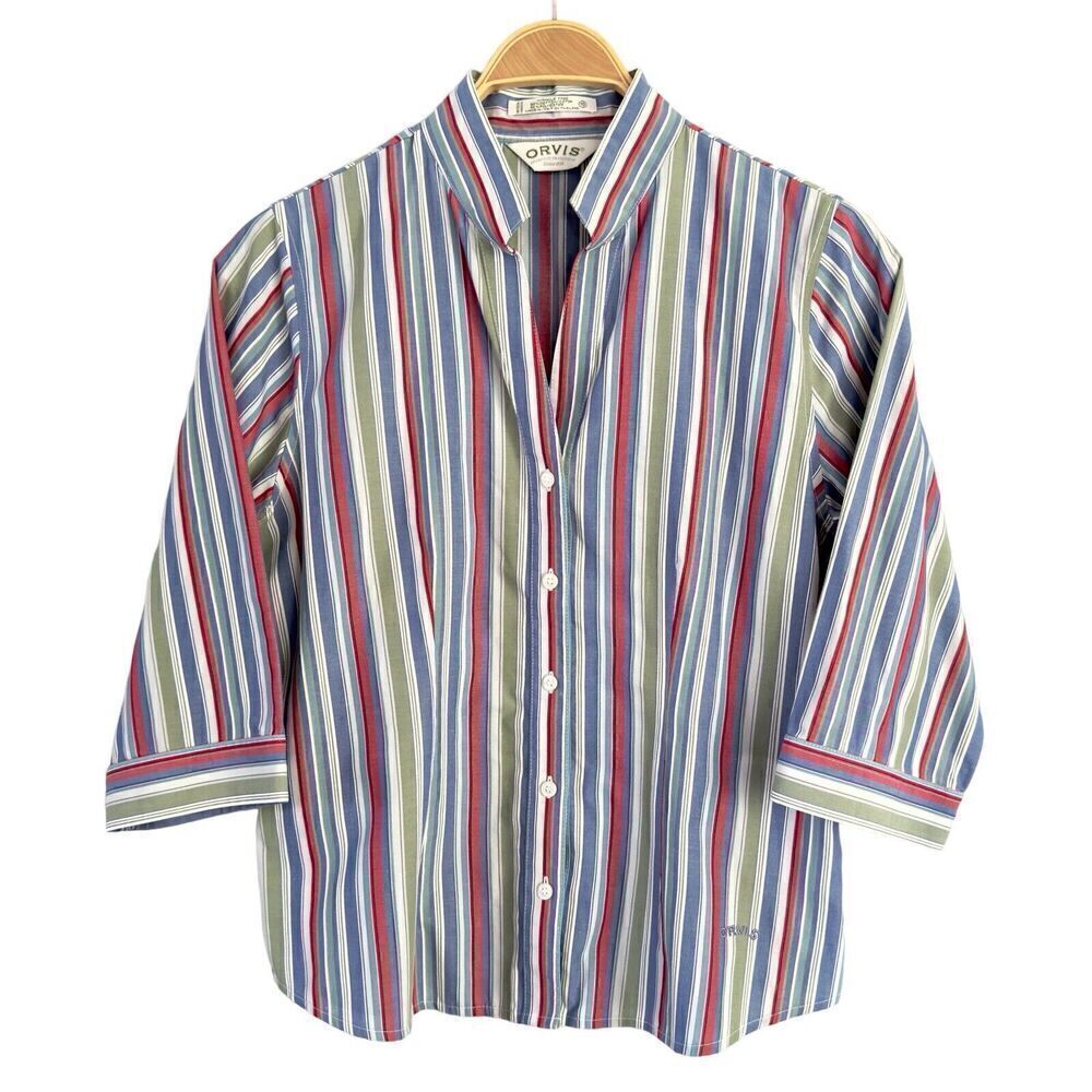 Orvis Top Womens size 10 Button Down No Wrinkle Stripe Multicolor Logo Unisex